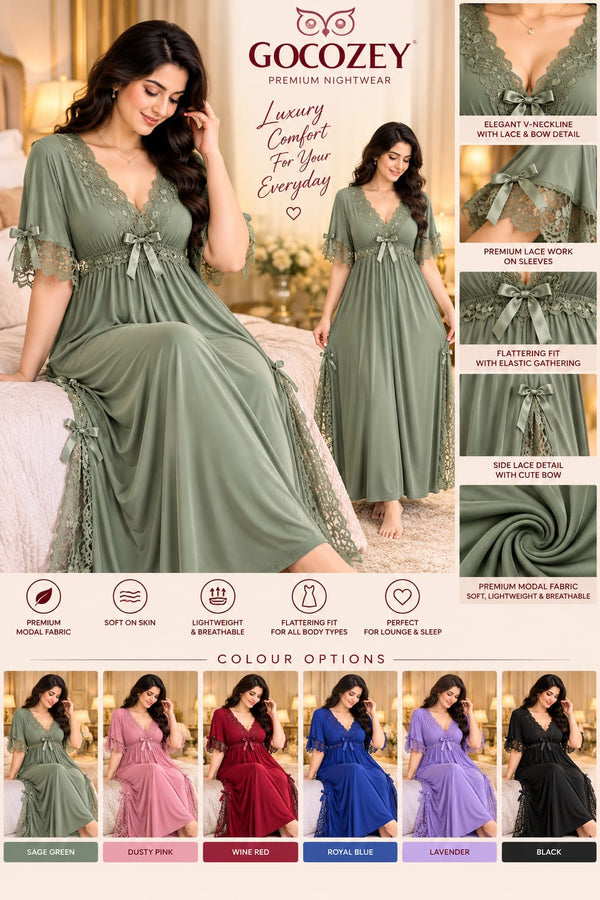 Bottle Green Lace-Trim Modal Nightwear Dress