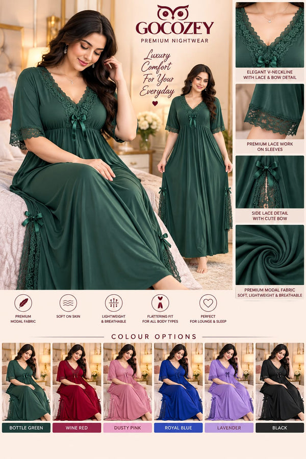 Bottle Green Lace-Trim Modal Nightwear Dress