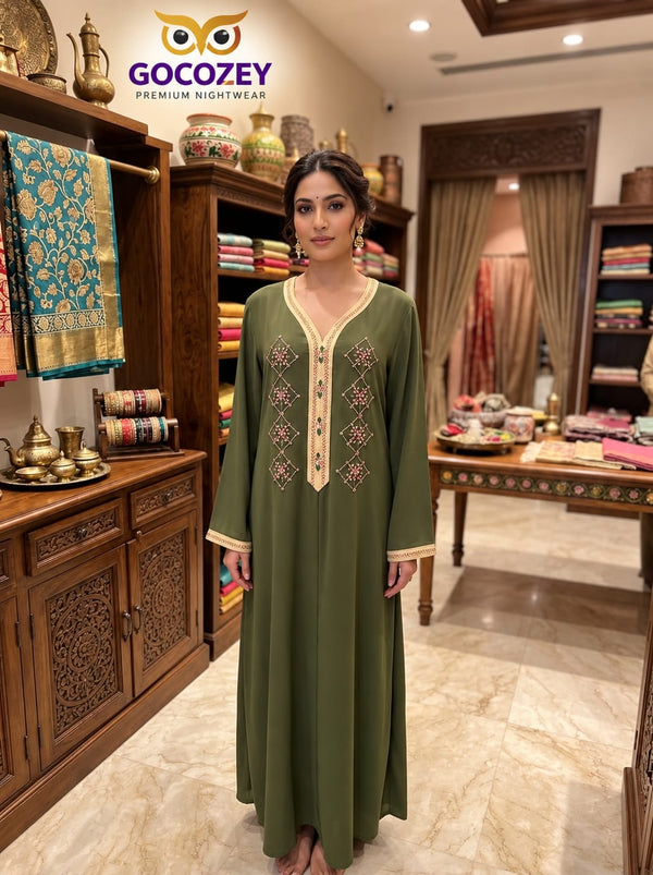 Elegant Olive Green Embroidered Long Kurta Dress