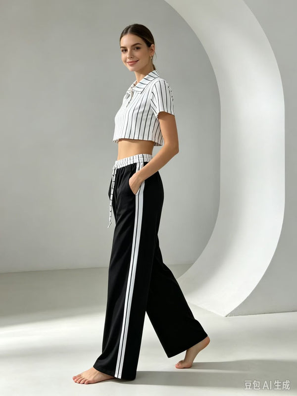Striped Crop Top & Wide-Leg Pants Set